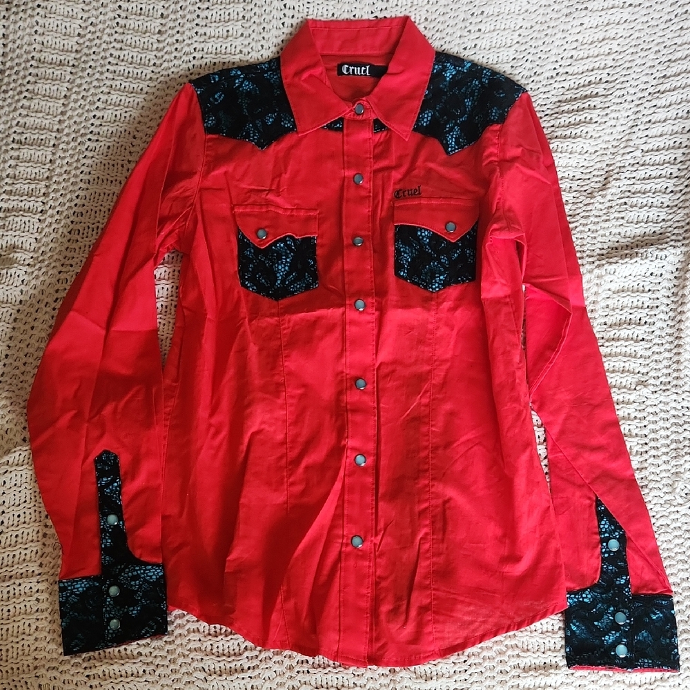 Cruel Girl M Coral/Red Turquise Western Shirt